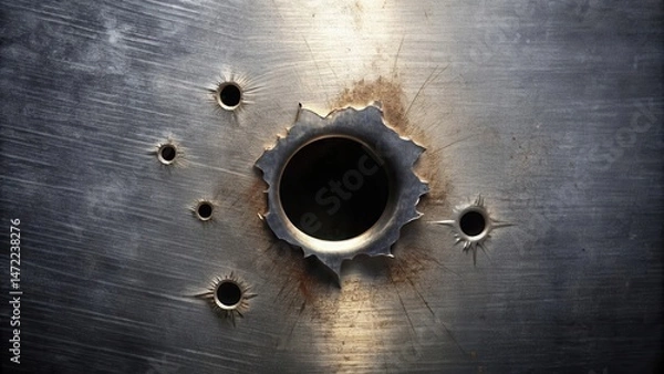 Fototapeta Metal surface with bullet holes and radial cracks