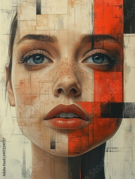 Fototapeta A woman's painted face, a canvas of graffiti art, evokes a haunting Halloween mask expression