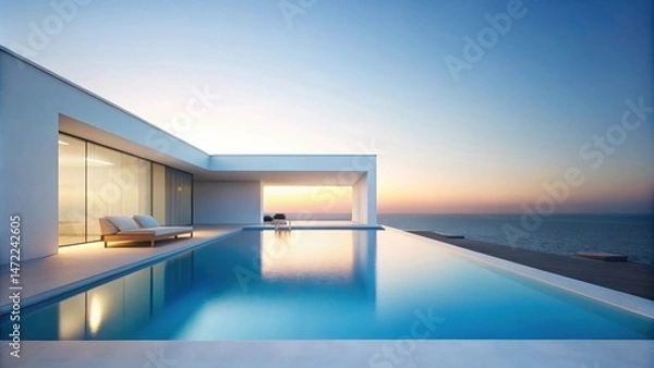 Fototapeta Serene Sunset View from Modern Minimalist Home with Infinity Pool