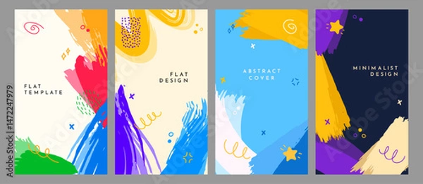 Obraz Vector illustration. Bright background. Paint brush strokes and hand drawn doodle elements. Trendy abstract color design elements for flyer, coupon, voucher, leaflet. Colorful childish style