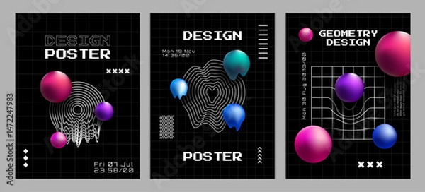 Fototapeta Vector illustration. Retro futuristic style background set with twisted outline shapes. Design element for poster, book or magazine cover, layout, flyer. Y2k concept with color 3d spheres