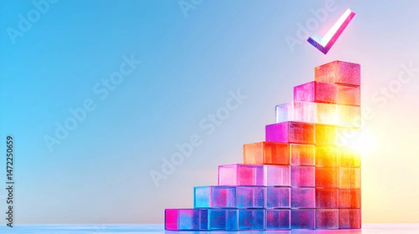 Obraz Colorful translucent blocks form a rising staircase, topped with a glowing checkmark, symbolizing progress and success