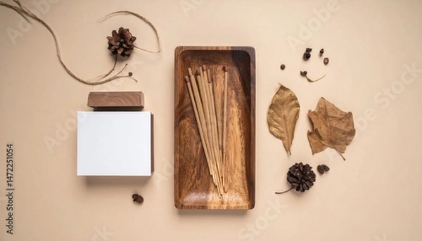 Obraz Incense sticks arrangement minimalist setting decorative content organic elements top view aromatherapy concept