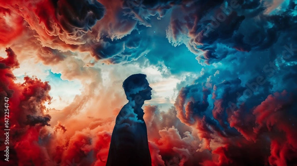 Fototapeta Silhouette of person against dramatic sky with swirling clouds in vibrant red, orange, and teal tones, creating ethereal atmosphere symbolizing introspection, wonder and cosmic connection