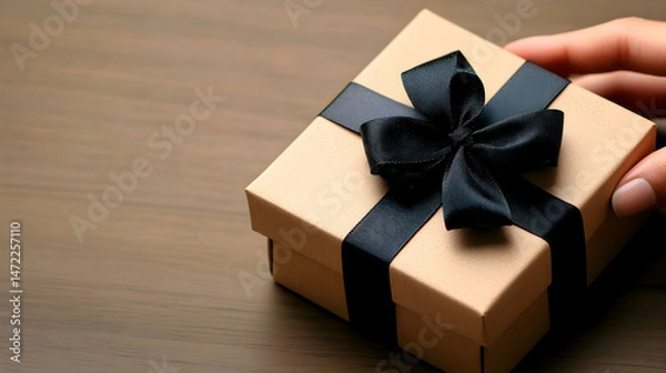 Obraz A gift box, elegantly wrapped in a light beige cardboard, adorned with a sophisticated black ribbon bow, rests on a dark wooden table. A hand gently touches the box