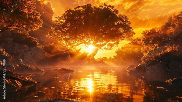 Fototapeta Breathtaking golden sunset behind silhouetted tree on riverbank, sunlight piercing through branches and reflecting on rippling water, creating rich amber atmosphere with dramatic clouds and mist