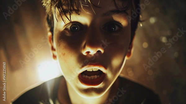 Fototapeta Close-up portrait of a terrified young person with wide eyes and open mouth in shock, dramatically lit from below with amber lighting creating shadows across their face, evoking intense fear
