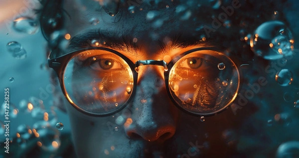 Fototapeta Close-up of glasses reflecting fiery light with water droplets creating atmospheric bokeh. Warm orange glow contrasts with cool teal backdrop capturing imagination and wonder through reflective lenses