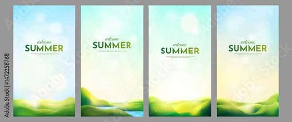 Obraz Vector illustration. Set of 3d style natural landscape. Green meadow and hills background. Clear blue sky with bokeh lights. Design for flyer, voucher, leaflet, coupon. Rural serene scene