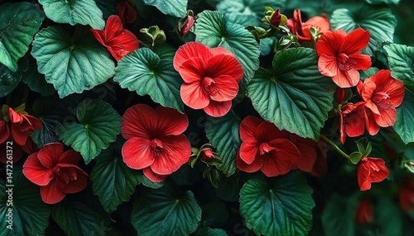 Fototapeta Close-up of red hibiscus-like flowers with green leaves, vibrant botanical detail.