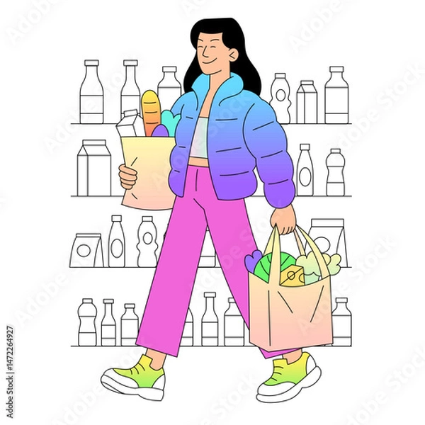 Fototapeta A Stylish Shopper Navigating a Grocery Store while Carrying Colorful and Trendy Bags