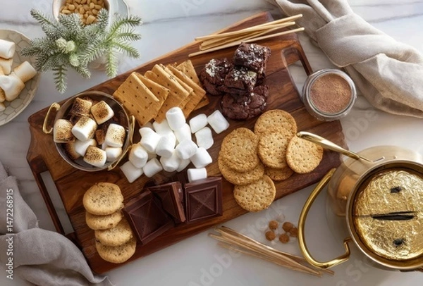 Fototapeta Assorted Sweets and Snacks on a Wooden Platter Featuring Marshmallows, Cookies, Chocolate, and Graham Crackers for a Cozy Gathering