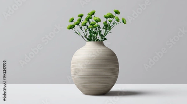 Fototapeta Green chrysanthemums are beautifully arranged in a stylish beige vase, creating a soothing and modern botanical display on a white surface against a light grey wall.