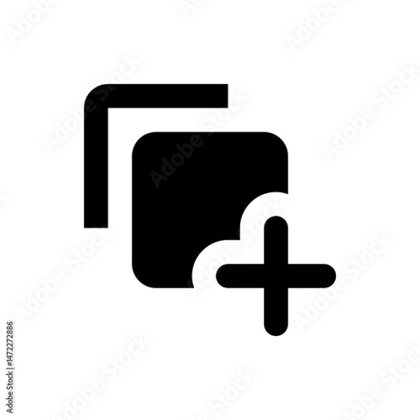 Obraz Black and white graphic of two overlapping rounded squares with a plus sign in the lower right corner