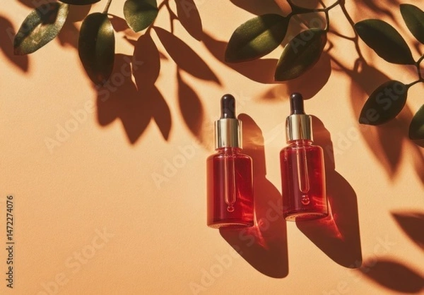 Fototapeta Two amber-hued serum bottles, elevated on a peach backdrop, adorned with lush green foliage casts dramatic shadows