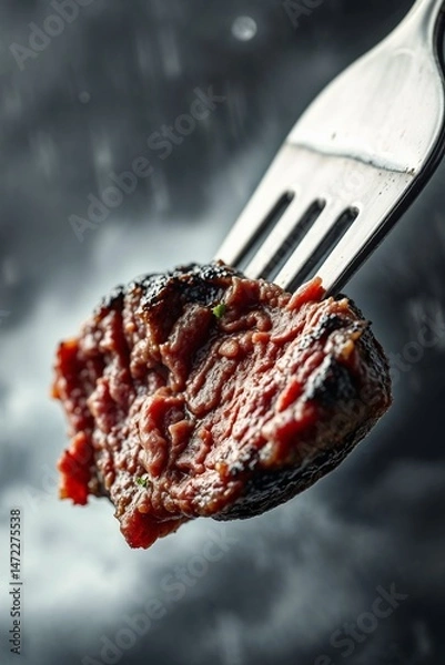 Fototapeta Close up of some cooked steak on a fork