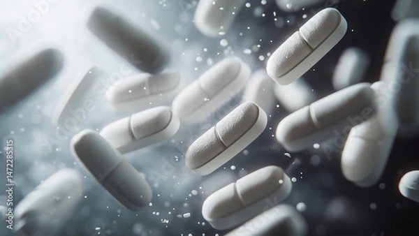 Fototapeta An elegant, cinematic macro view of paracetamol tablets dissolving in the stomach.