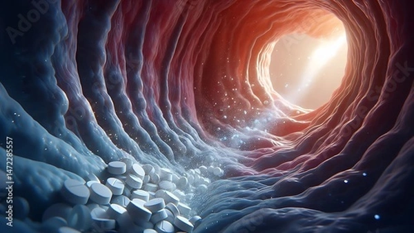 Fototapeta An elegant, cinematic macro view of paracetamol tablets dissolving in the stomach.