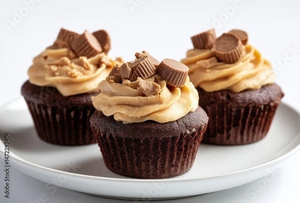 Obraz Delicious chocolate cupcakes topped with creamy peanut butter frosting and chocolate pieces, perfect for dessert and sweet treats lovers