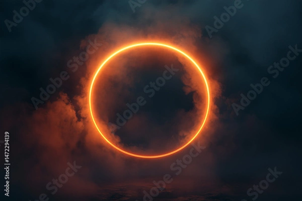 Fototapeta Orange Neon Circle in Smoky Dark Background