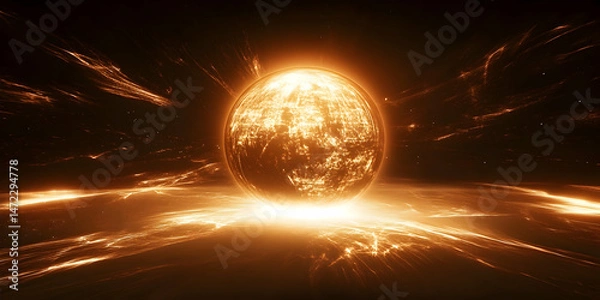 Fototapeta Bright Celestial Sphere Radiating Golden Light in Dark Space