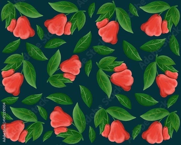 Obraz Seamless pattern featuring red rose apple fruits and lush green leaves on a dark background. Perfect for fabric, packaging, wallpaper, and tropical-themed design projects.
