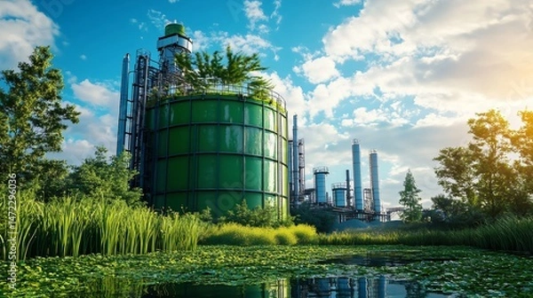 Fototapeta futuristic biogas reactor with transparent glass showing internal fermentation, environmental technology for clean energy
