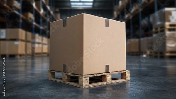 Obraz Brown cardboard box on pallet in warehouse with shelved boxes.