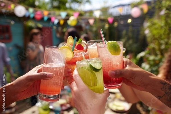 Fototapeta A group of friends toasting with vibrant, colorful mocktails at a festive summer garden party
