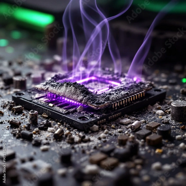 Obraz Futuristic Circuit Board with Purple Smoke on Dark Background
