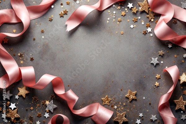 Obraz Holiday Ribbon and Star Confetti on Grey Surface with Fabric