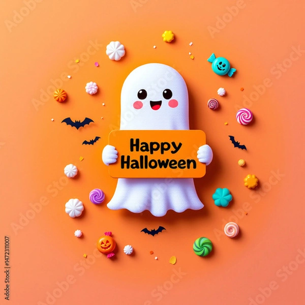 Obraz Halloween Ghost with Confetti and Sweets on Orange Background