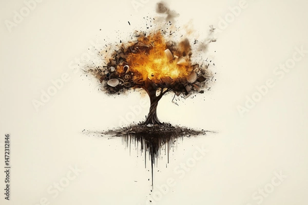 Obraz A powerful conceptual illustration of a tree engulfed in flames and smoke, symbolizing environmental destruction, climate change, and the urgent need for ecological awareness and action.