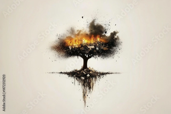 Fototapeta A powerful conceptual illustration of a tree engulfed in flames and smoke, symbolizing environmental destruction, climate change, and the urgent need for ecological awareness and action.