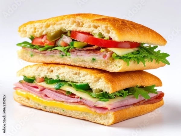 Fototapeta Stacked sandwich with ham and vegetables isolated on white background
