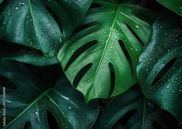Fototapeta Close-up view of lush, vibrant monstera deliciosa leaves glistening with water droplets, showcasing their deep green hues and intricate textures. : Generative AI