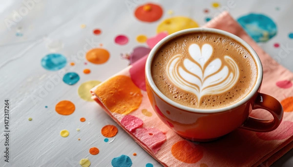 Fototapeta A warm cup of coffee topped with intricate latte art rests on a vibrant napkin, surrounded by a playful arrangement of colorful circular decorations