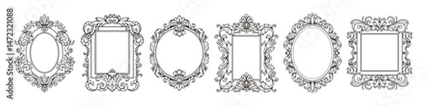 Fototapeta Gothic frame. Ornate mirror ornament, antique victorian border. Oval and square hand drawn fantasy decoration. Arabesque filigree sketch classic graphic. Vector silhouette style isolated set