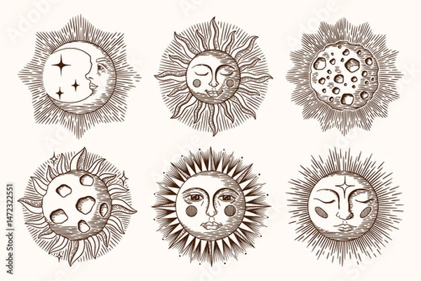 Fototapeta Sun moon face. Hand drawn old day night sketch in antique retro style, astrology tattoo with ink crescent. Hand drawn decorative isolated elements. Bohemian style vector symbols