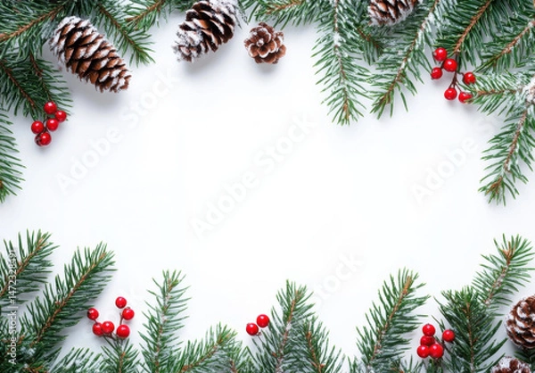 Fototapeta Snowy pine branches, red berries, and pine cones create a festive Christmas border on a white background, perfect for holiday cards or winter designs. : Generative AI