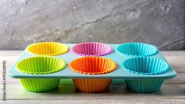 Fototapeta Colorful Silicone Muffin Baking Cups in a Teal Tray Ready for Baking