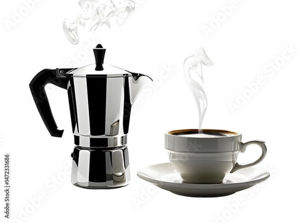 Fototapeta Elegant Espresso Maker with Coffee Cup and Steam on White Background