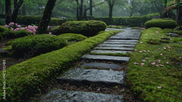 Fototapeta Light spring rain falling on a moss-covered stone path in a Japanese garden surrounded by green plants and scattered sakura petals of early morning