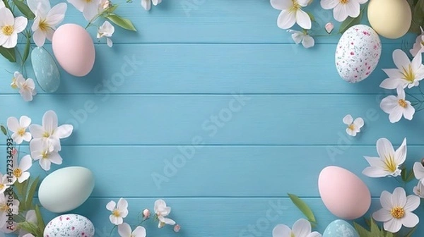 Fototapeta Easter eggs and flowers on light-blue wooden texture as border.