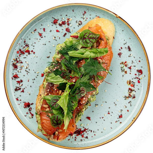 Fototapeta Isolated breakfast toast with salmon and avocado