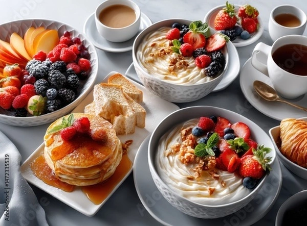 Obraz Delicious breakfast spread featuring fluffy pancakes, fresh berries, yogurt bowls, and coffee, perfect for a joyful morning gathering and cheerful brunch celebration.