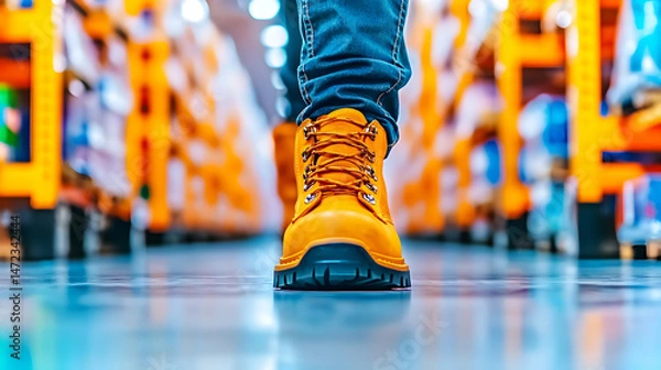 Fototapeta Person walking in a store with bright orange work boots