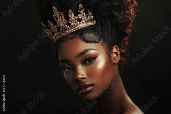 Obraz Portrait of a Regal Black Woman with a Crown, Emphasizing Beauty and Fashion on a Dark Background
