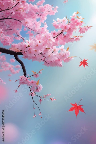 Obraz Oriental background with cherry blossom and maple leaf