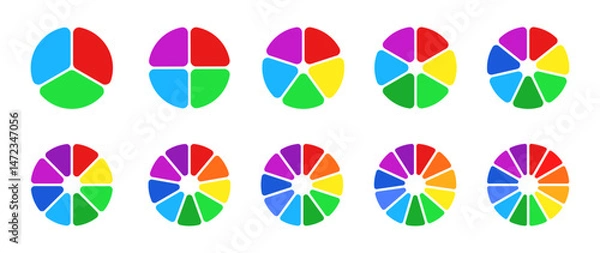 Obraz Pie chart set, segmented circle icons, color infographic flower round diagram, pie chart divided equal parts, infographic wheel segment and fraction, percentage wheel, circle with sections or parts